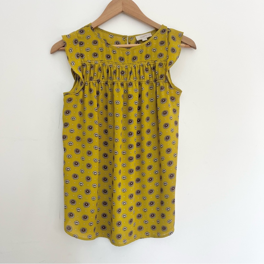 Loft Yellow Sleeveless Top w Geometric Pattern Ruffled Short Sleeves Sz XS Tank